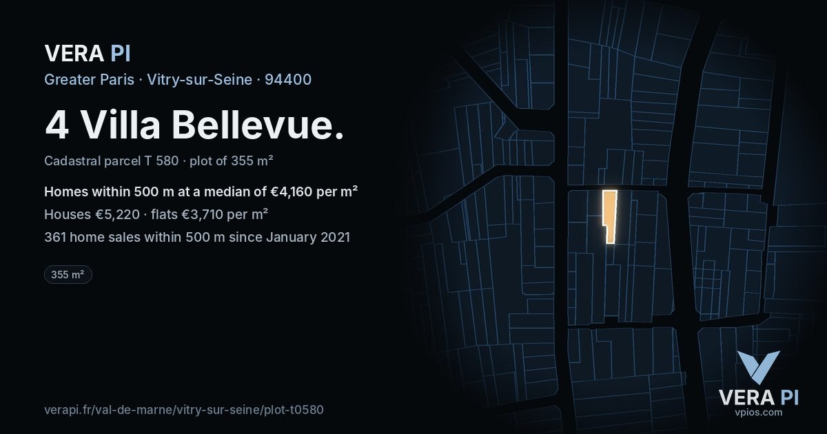 4 Villa Bellevue, Vitry-sur-Seine at night – the plot lit, the parcels around coloured by the prices near them