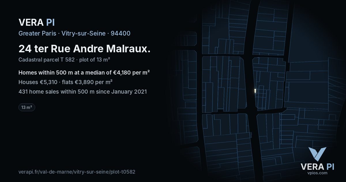 24 ter Rue Andre Malraux, Vitry-sur-Seine at night – the plot lit, the parcels around coloured by the prices near them