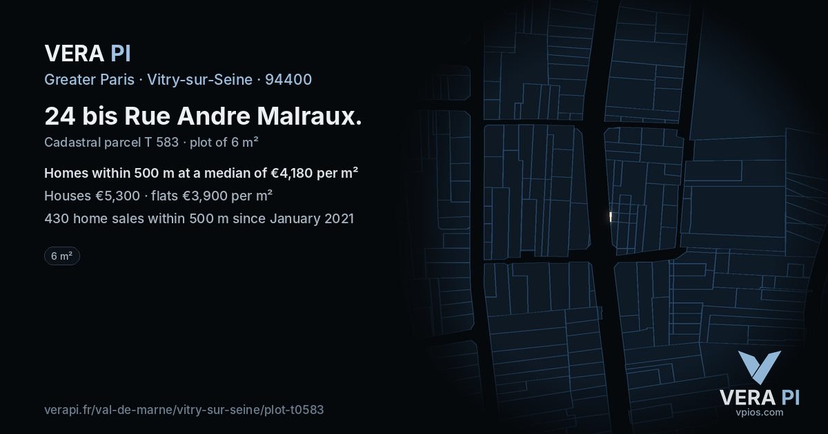24 bis Rue Andre Malraux, Vitry-sur-Seine at night – the plot lit, the parcels around coloured by the prices near them