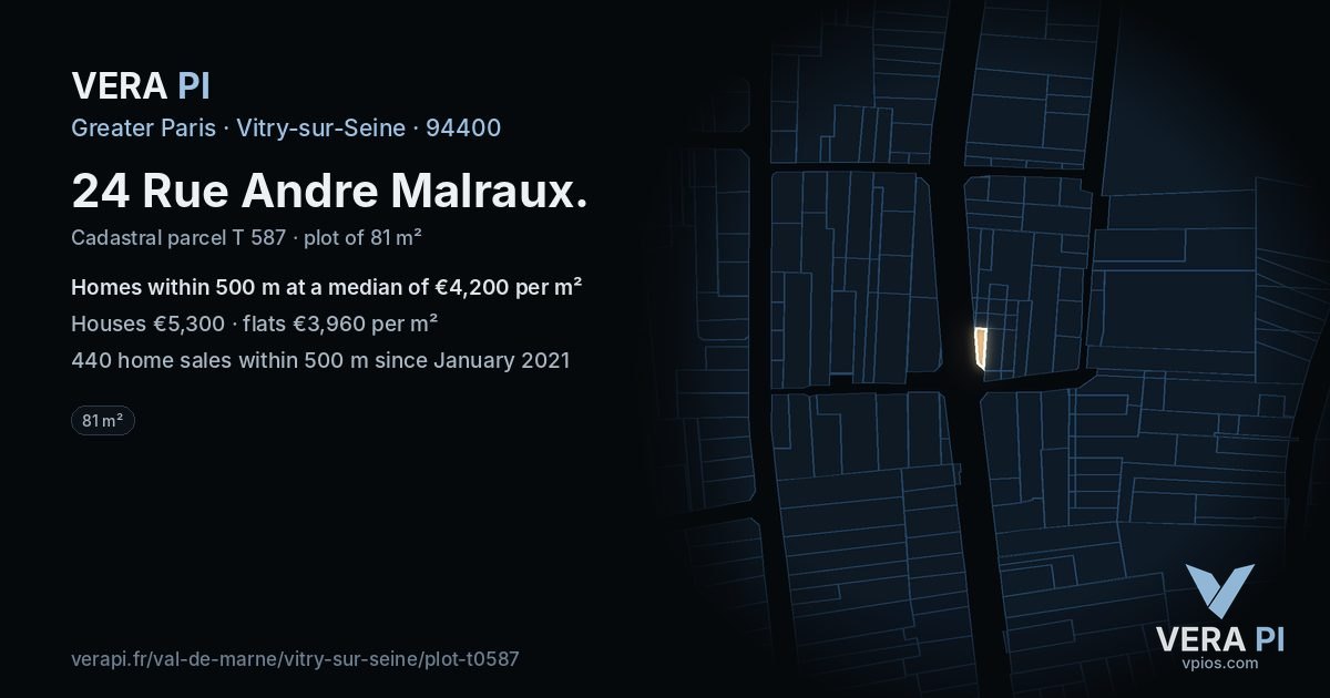 24 Rue Andre Malraux, Vitry-sur-Seine at night – the plot lit, the parcels around coloured by the prices near them