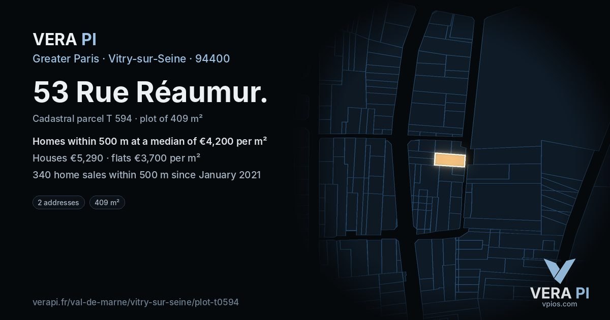 53 Rue Réaumur, Vitry-sur-Seine at night – the plot lit, the parcels around coloured by the prices near them