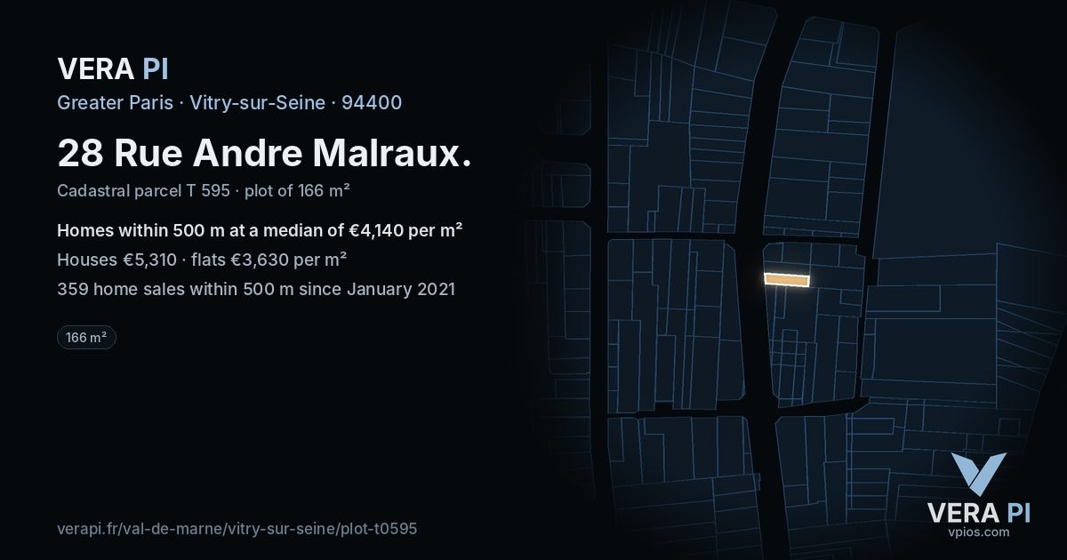 28 Rue Andre Malraux, Vitry-sur-Seine at night – the plot lit, the parcels around coloured by the prices near them