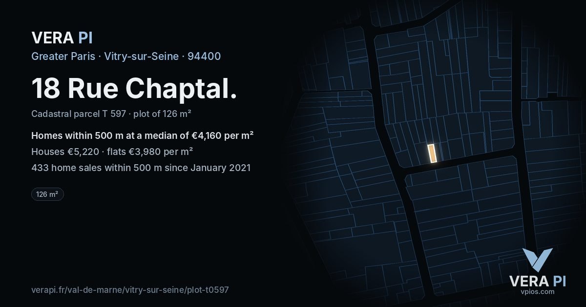18 Rue Chaptal, Vitry-sur-Seine at night – the plot lit, the parcels around coloured by the prices near them