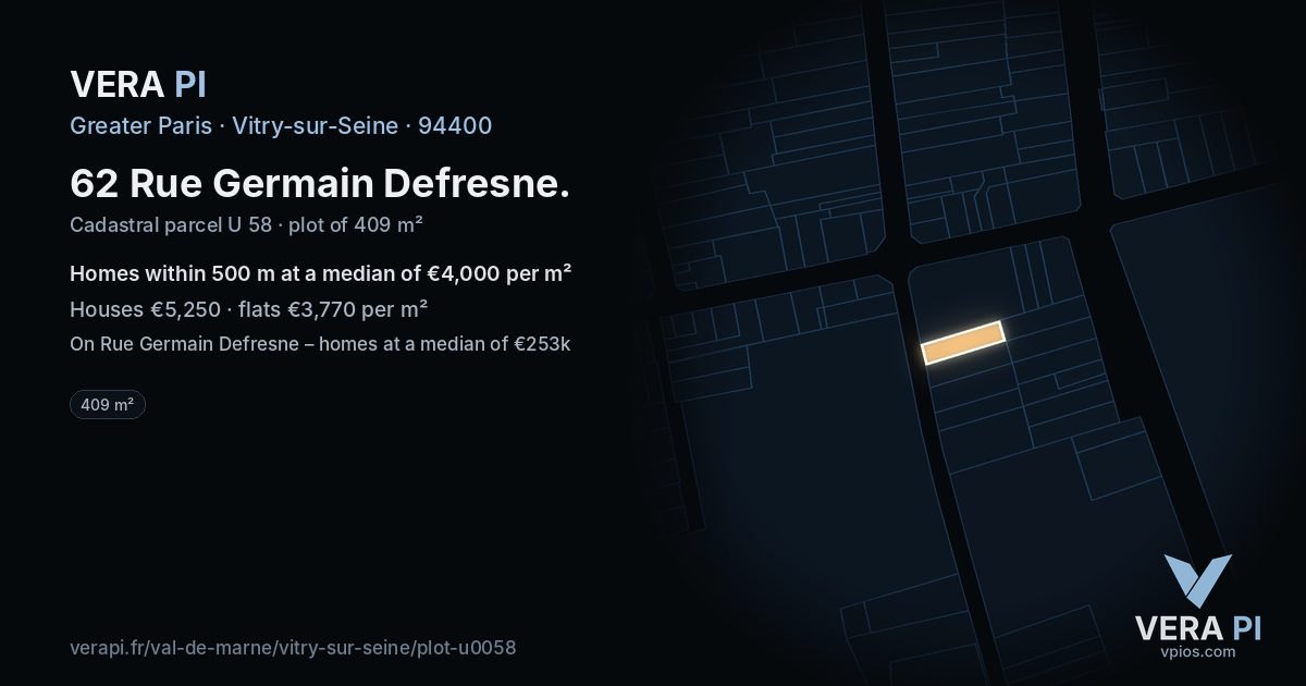 62 Rue Germain Defresne, Vitry-sur-Seine at night – the plot lit, the parcels around coloured by the prices near them