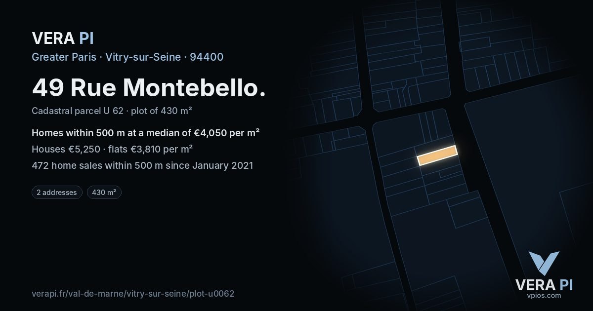 49 Rue Montebello, Vitry-sur-Seine at night – the plot lit, the parcels around coloured by the prices near them