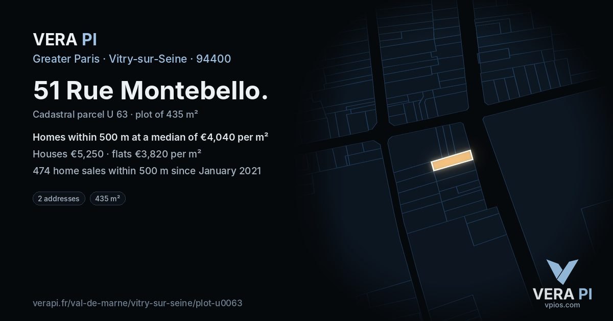 51 Rue Montebello, Vitry-sur-Seine at night – the plot lit, the parcels around coloured by the prices near them