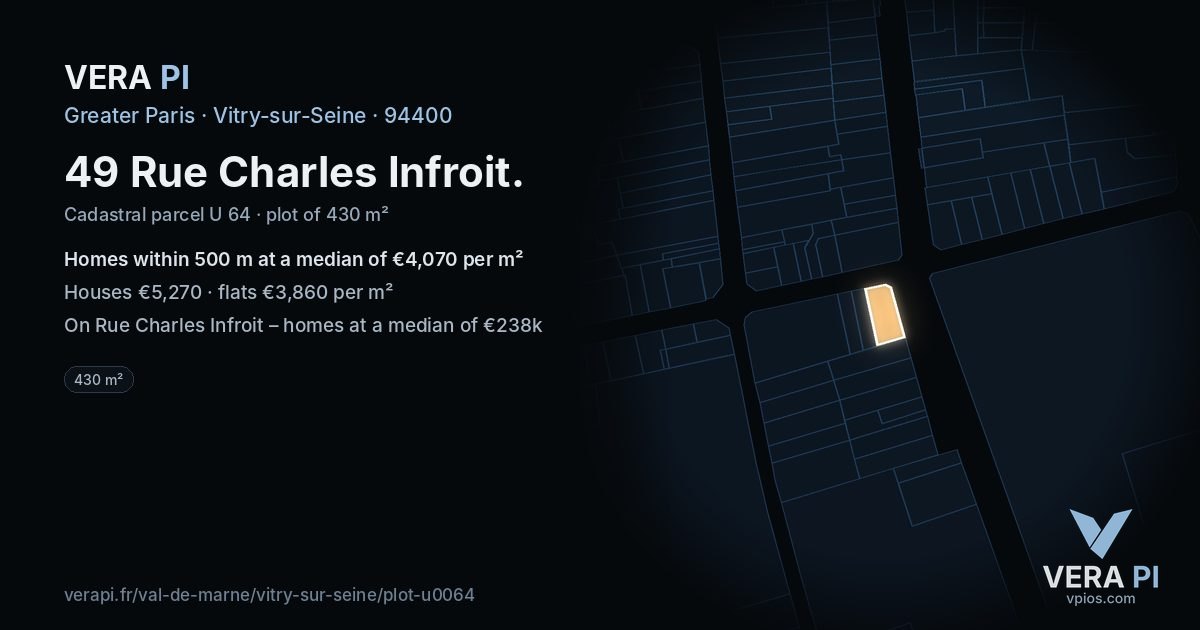 49 Rue Charles Infroit, Vitry-sur-Seine at night – the plot lit, the parcels around coloured by the prices near them