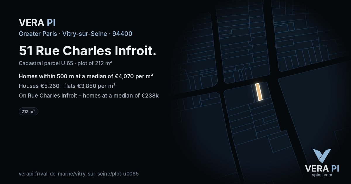 51 Rue Charles Infroit, Vitry-sur-Seine at night – the plot lit, the parcels around coloured by the prices near them