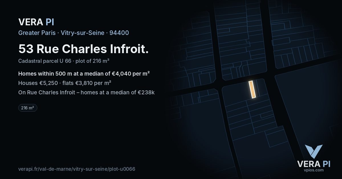 53 Rue Charles Infroit, Vitry-sur-Seine at night – the plot lit, the parcels around coloured by the prices near them