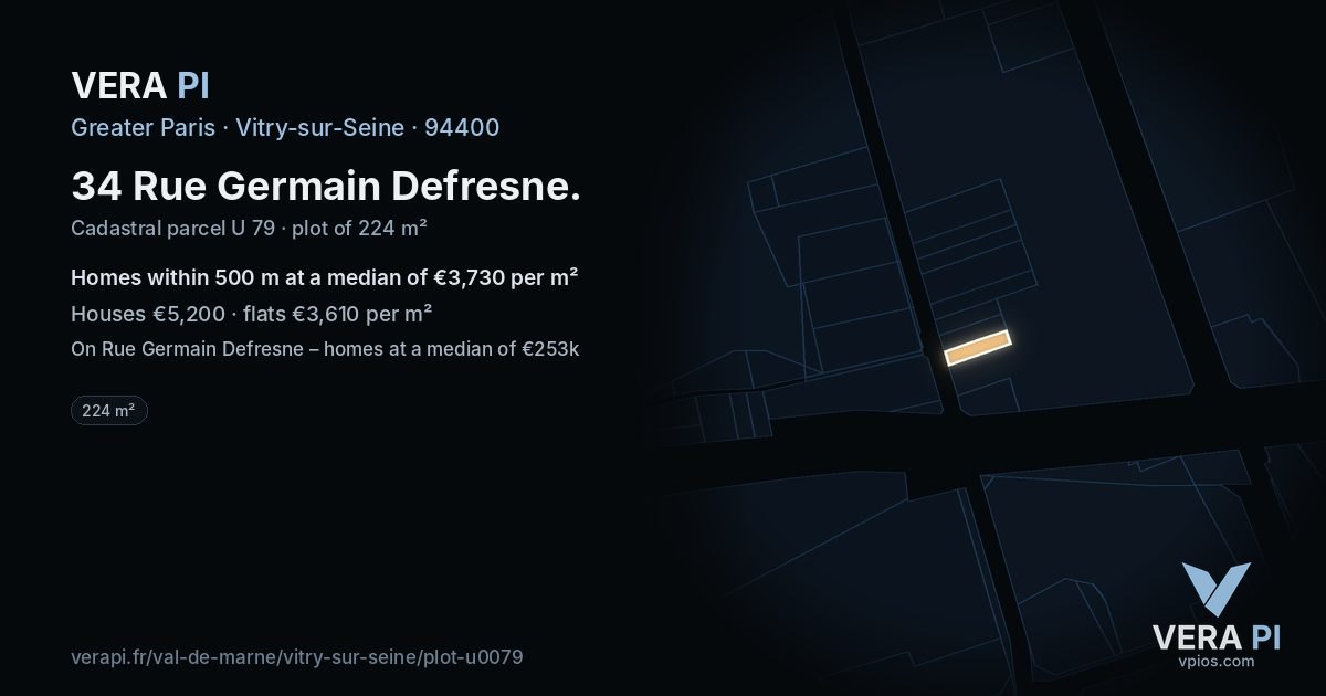 34 Rue Germain Defresne, Vitry-sur-Seine at night – the plot lit, the parcels around coloured by the prices near them