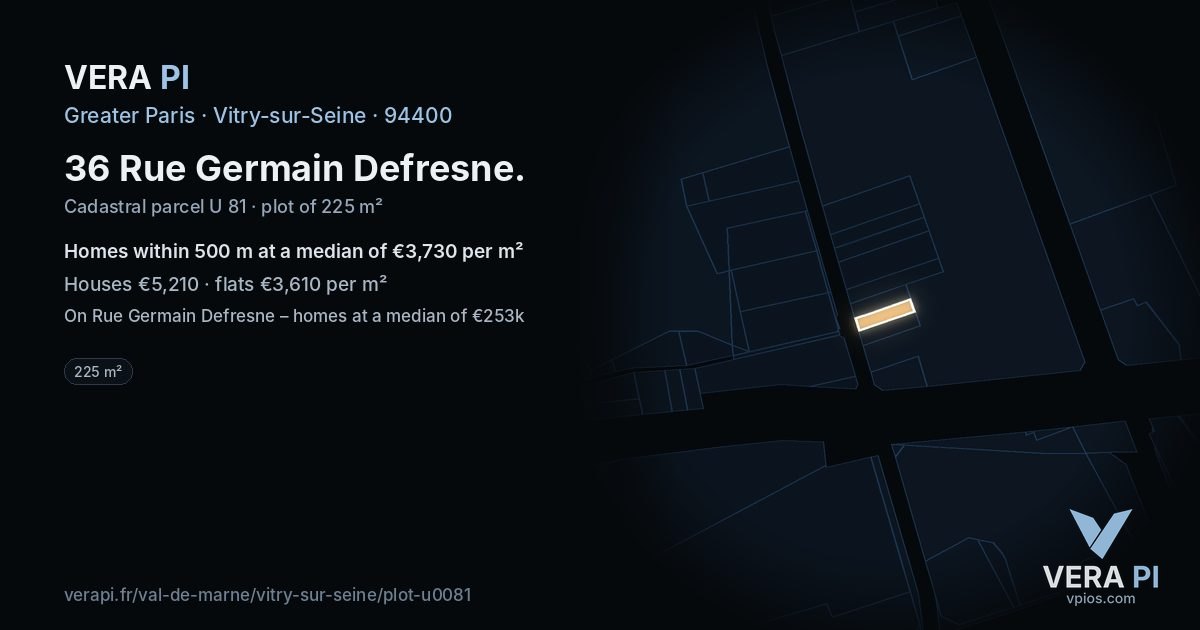 36 Rue Germain Defresne, Vitry-sur-Seine at night – the plot lit, the parcels around coloured by the prices near them
