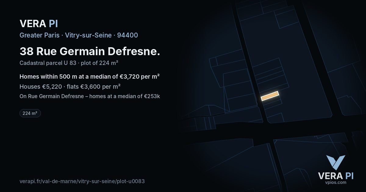 38 Rue Germain Defresne, Vitry-sur-Seine at night – the plot lit, the parcels around coloured by the prices near them