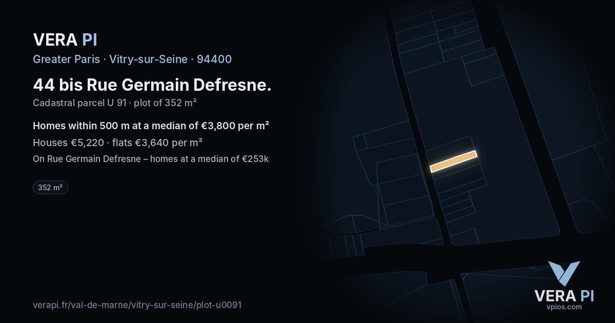44 bis Rue Germain Defresne, Vitry-sur-Seine at night – the plot lit, the parcels around coloured by the prices near them