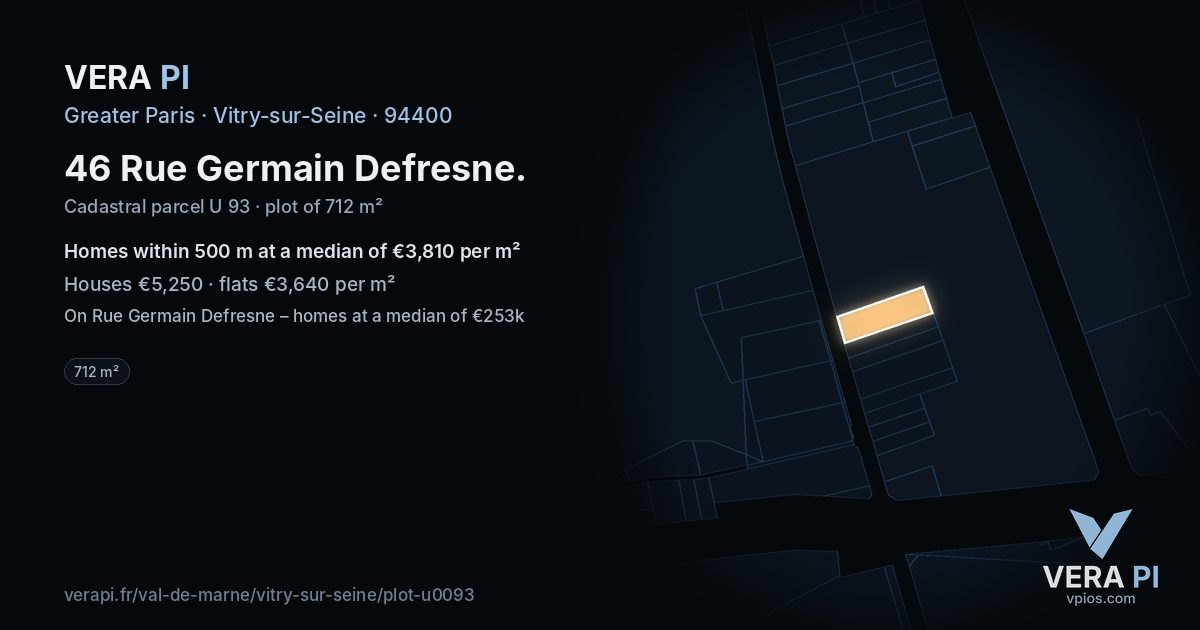 46 Rue Germain Defresne, Vitry-sur-Seine at night – the plot lit, the parcels around coloured by the prices near them