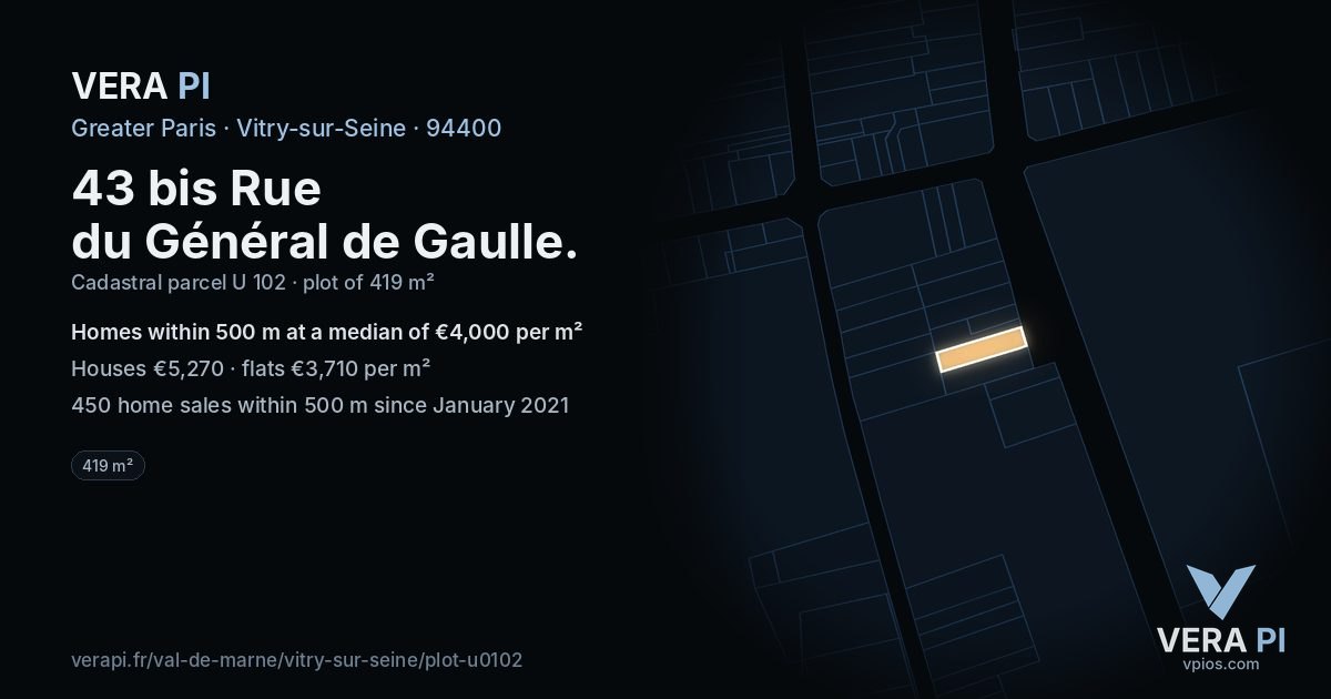 43 bis Rue du Général de Gaulle, Vitry-sur-Seine at night – the plot lit, the parcels around coloured by the prices near them