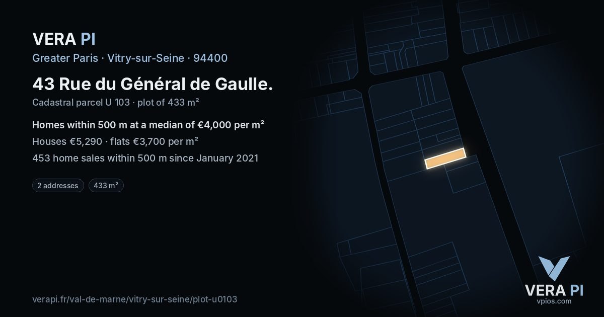 43 Rue du Général de Gaulle, Vitry-sur-Seine at night – the plot lit, the parcels around coloured by the prices near them