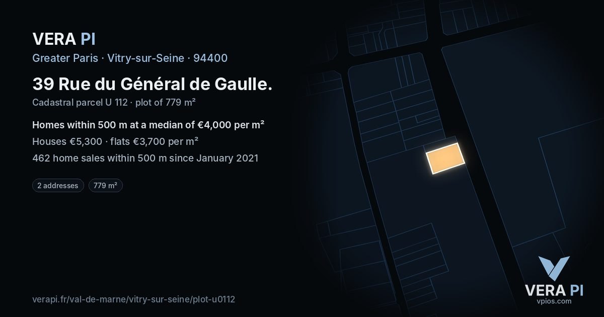 39 Rue du Général de Gaulle, Vitry-sur-Seine at night – the plot lit, the parcels around coloured by the prices near them