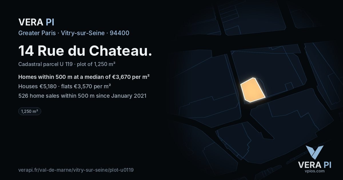 14 Rue du Chateau, Vitry-sur-Seine at night – the plot lit, the parcels around coloured by the prices near them