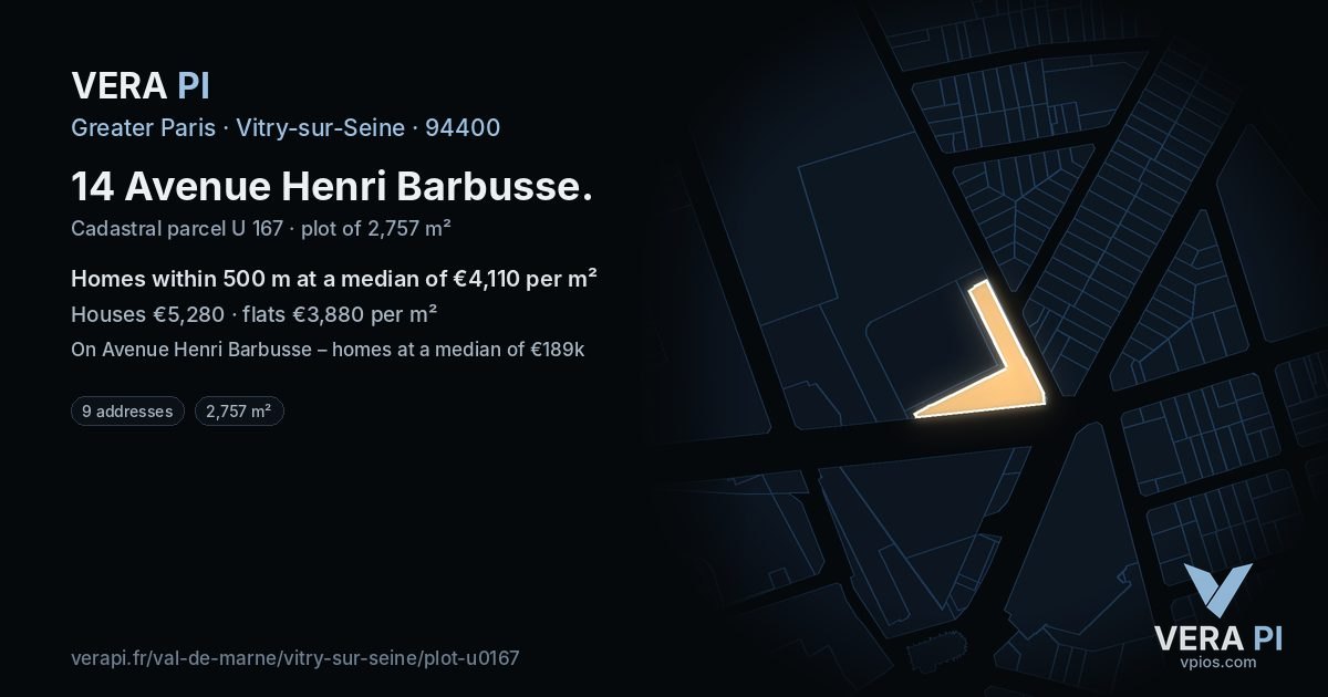 14 Avenue Henri Barbusse, Vitry-sur-Seine at night – the plot lit, the parcels around coloured by the prices near them