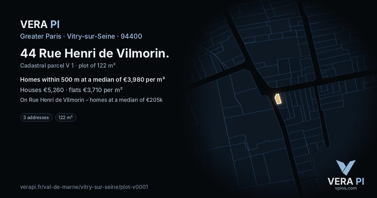 44 Rue Henri de Vilmorin, Vitry-sur-Seine at night – the plot lit, the parcels around coloured by the prices near them