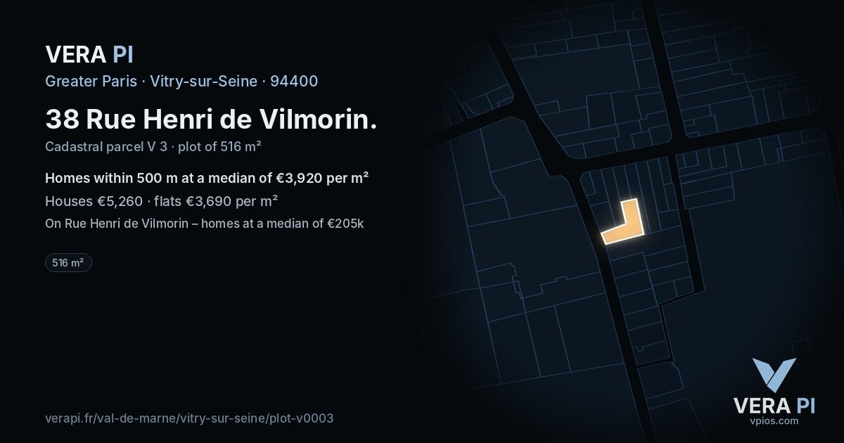 38 Rue Henri de Vilmorin, Vitry-sur-Seine at night – the plot lit, the parcels around coloured by the prices near them