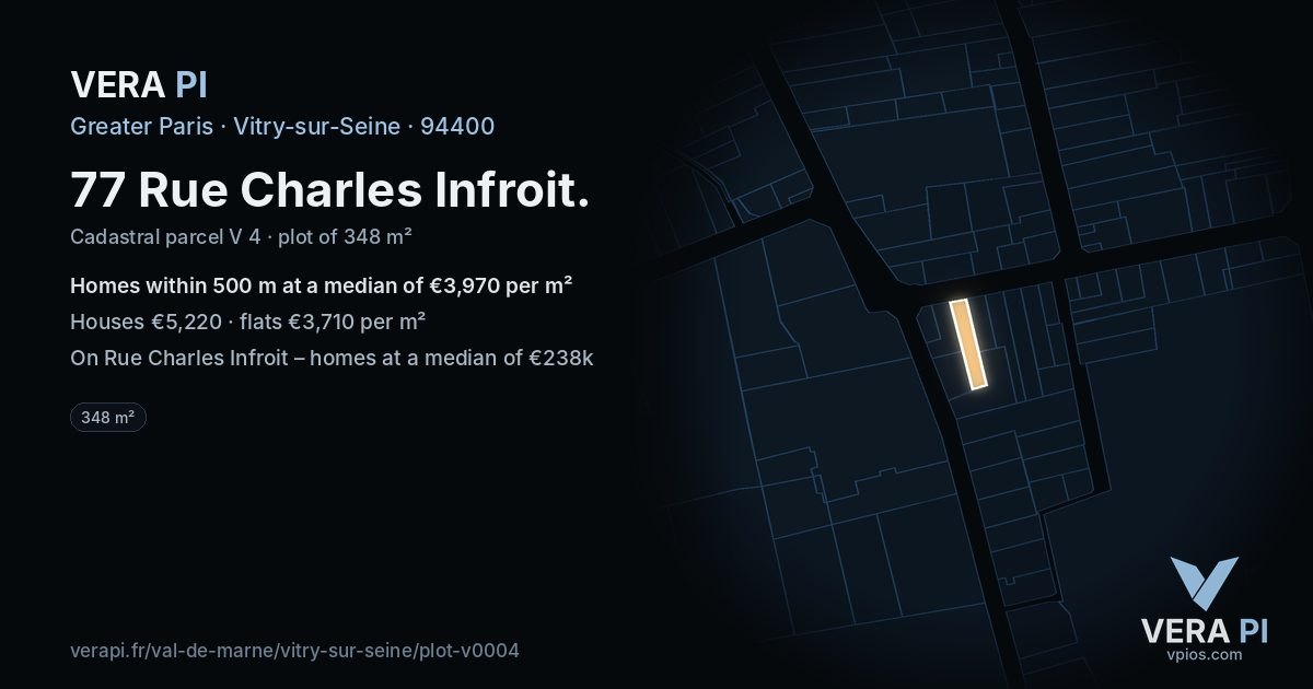77 Rue Charles Infroit, Vitry-sur-Seine at night – the plot lit, the parcels around coloured by the prices near them