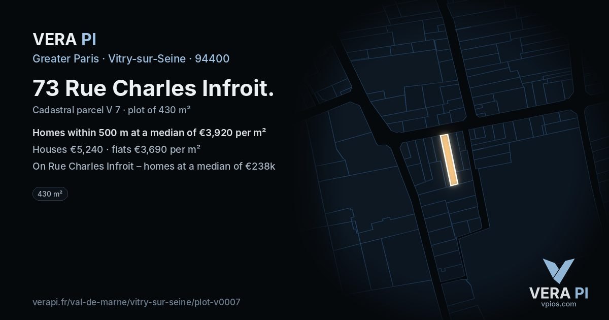 73 Rue Charles Infroit, Vitry-sur-Seine at night – the plot lit, the parcels around coloured by the prices near them