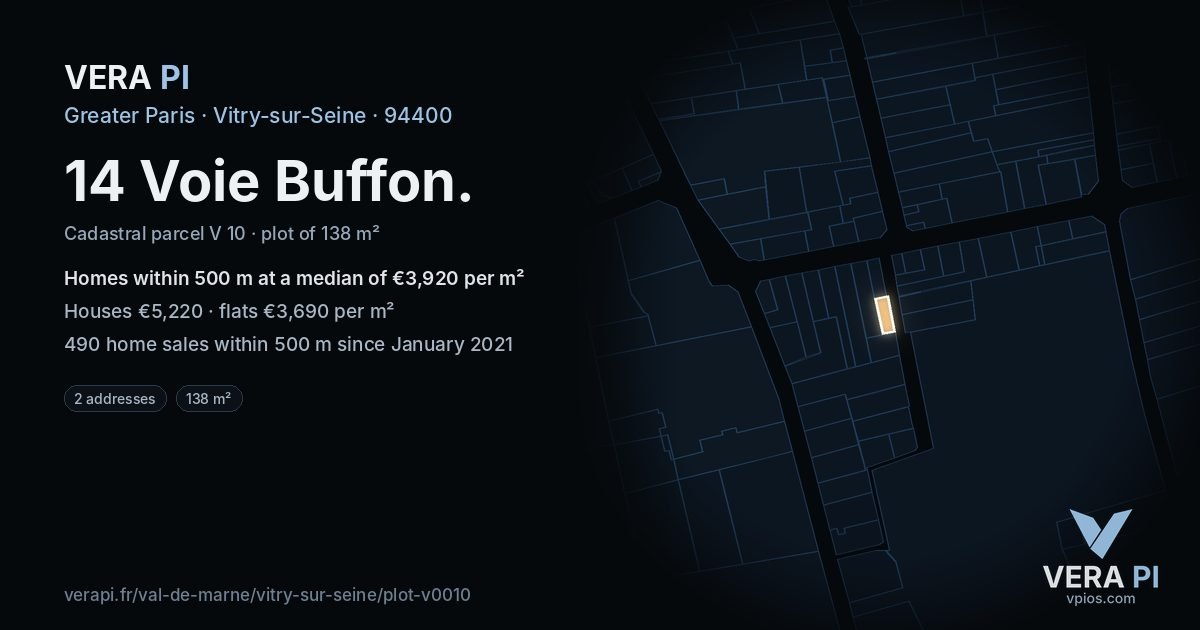 14 Voie Buffon, Vitry-sur-Seine at night – the plot lit, the parcels around coloured by the prices near them
