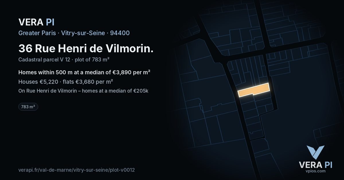 36 Rue Henri de Vilmorin, Vitry-sur-Seine at night – the plot lit, the parcels around coloured by the prices near them