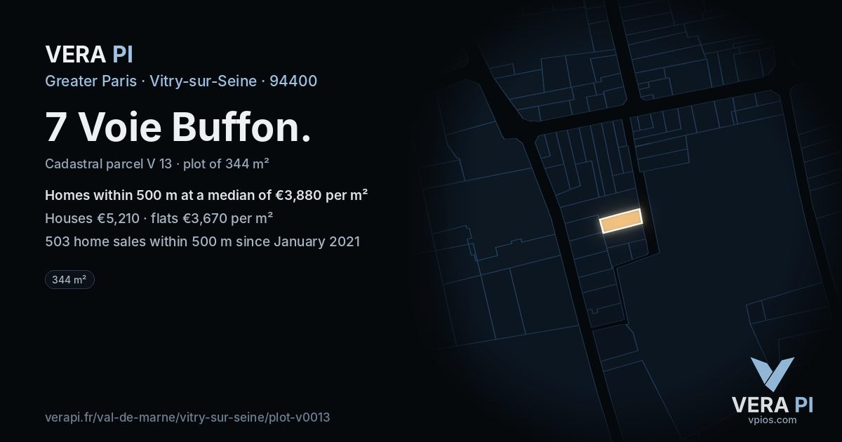7 Voie Buffon, Vitry-sur-Seine at night – the plot lit, the parcels around coloured by the prices near them