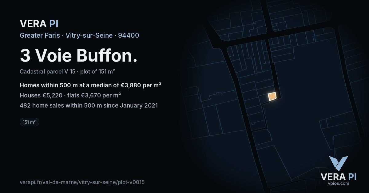 3 Voie Buffon, Vitry-sur-Seine at night – the plot lit, the parcels around coloured by the prices near them