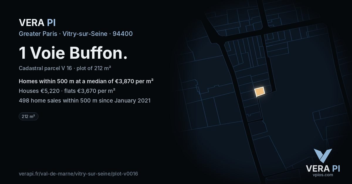1 Voie Buffon, Vitry-sur-Seine at night – the plot lit, the parcels around coloured by the prices near them