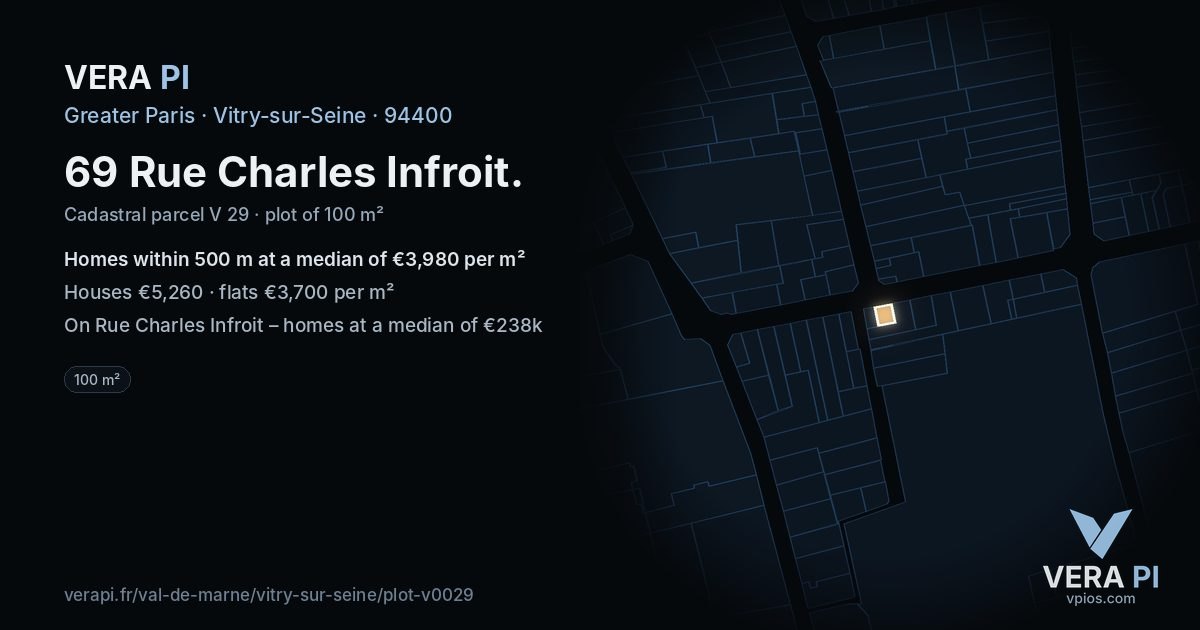 69 Rue Charles Infroit, Vitry-sur-Seine at night – the plot lit, the parcels around coloured by the prices near them