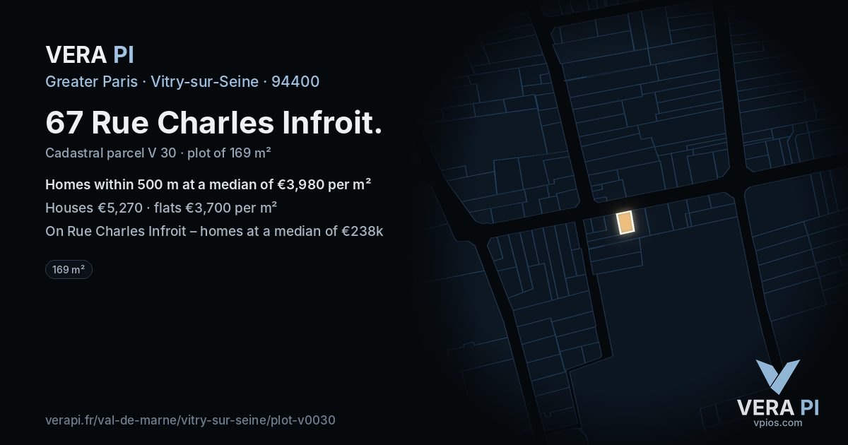 67 Rue Charles Infroit, Vitry-sur-Seine at night – the plot lit, the parcels around coloured by the prices near them