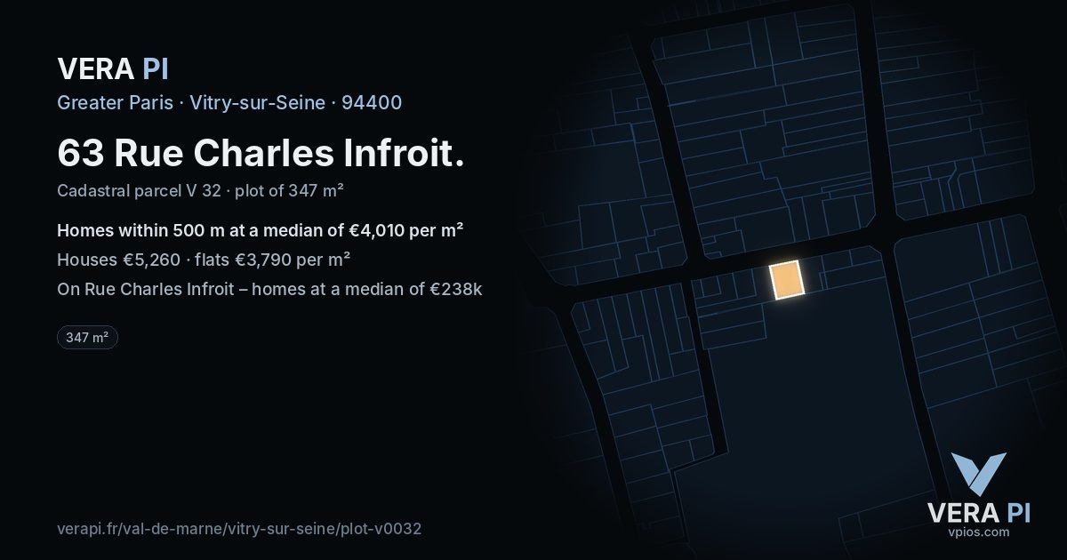 63 Rue Charles Infroit, Vitry-sur-Seine at night – the plot lit, the parcels around coloured by the prices near them