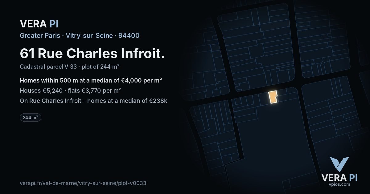 61 Rue Charles Infroit, Vitry-sur-Seine at night – the plot lit, the parcels around coloured by the prices near them