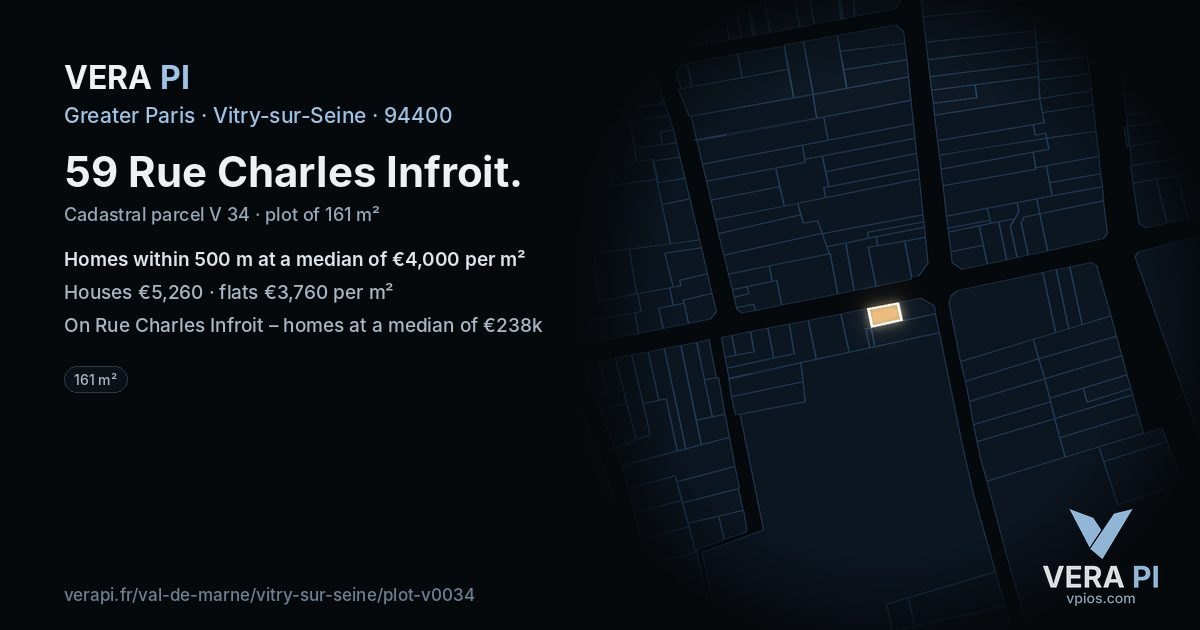 59 Rue Charles Infroit, Vitry-sur-Seine at night – the plot lit, the parcels around coloured by the prices near them