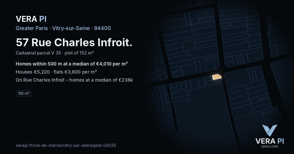 57 Rue Charles Infroit, Vitry-sur-Seine at night – the plot lit, the parcels around coloured by the prices near them