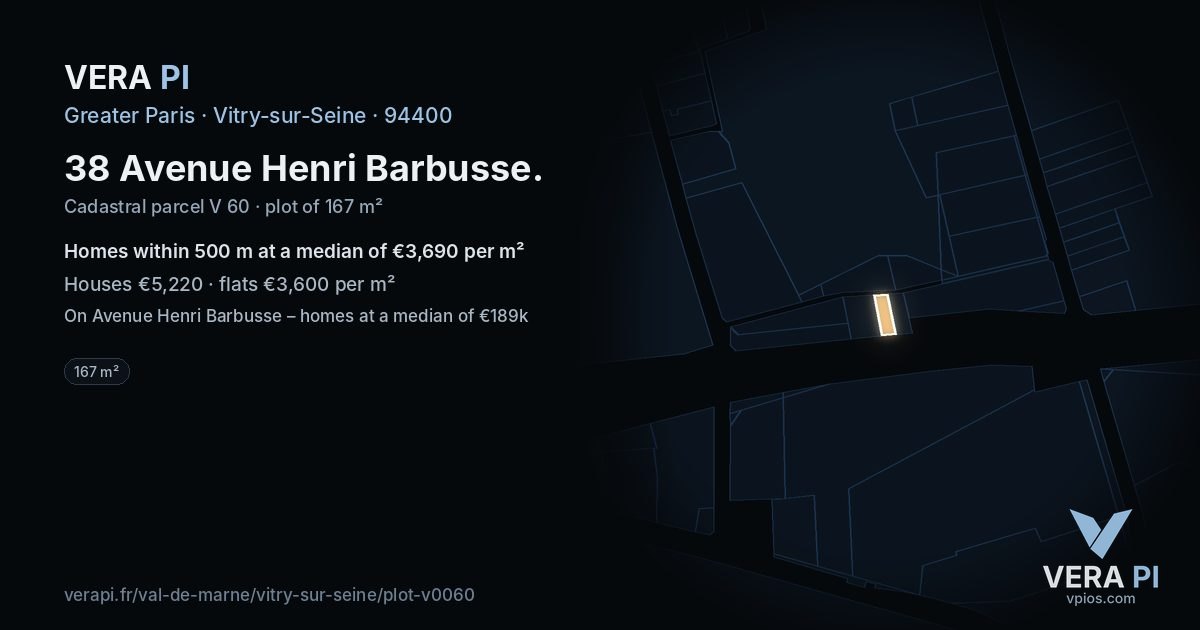 38 Avenue Henri Barbusse, Vitry-sur-Seine at night – the plot lit, the parcels around coloured by the prices near them
