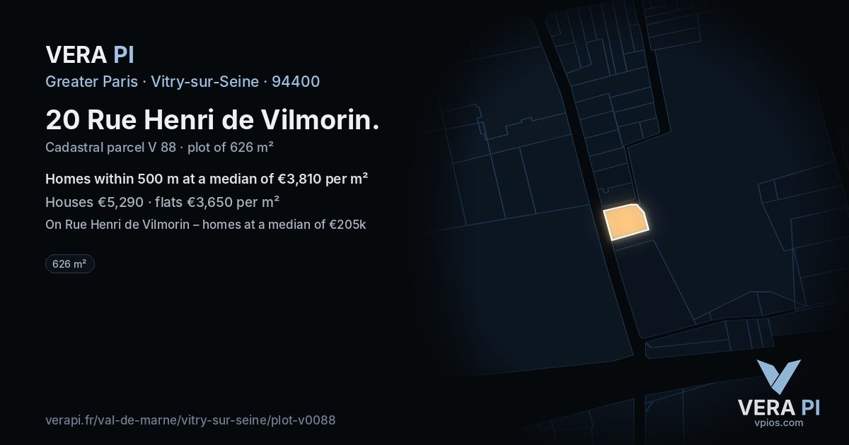 20 Rue Henri de Vilmorin, Vitry-sur-Seine at night – the plot lit, the parcels around coloured by the prices near them