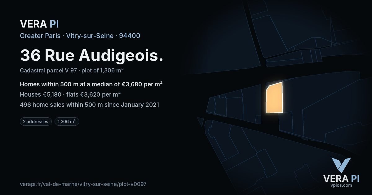 36 Rue Audigeois, Vitry-sur-Seine at night – the plot lit, the parcels around coloured by the prices near them