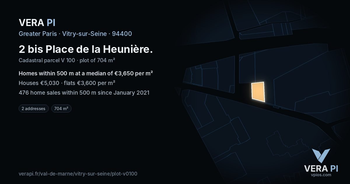 2 bis Place de la Heunière, Vitry-sur-Seine at night – the plot lit, the parcels around coloured by the prices near them