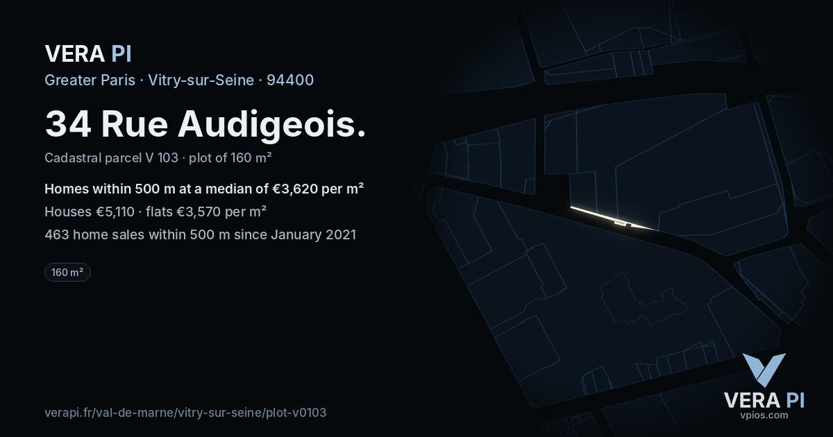 34 Rue Audigeois, Vitry-sur-Seine at night – the plot lit, the parcels around coloured by the prices near them