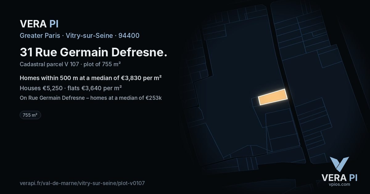 31 Rue Germain Defresne, Vitry-sur-Seine at night – the plot lit, the parcels around coloured by the prices near them