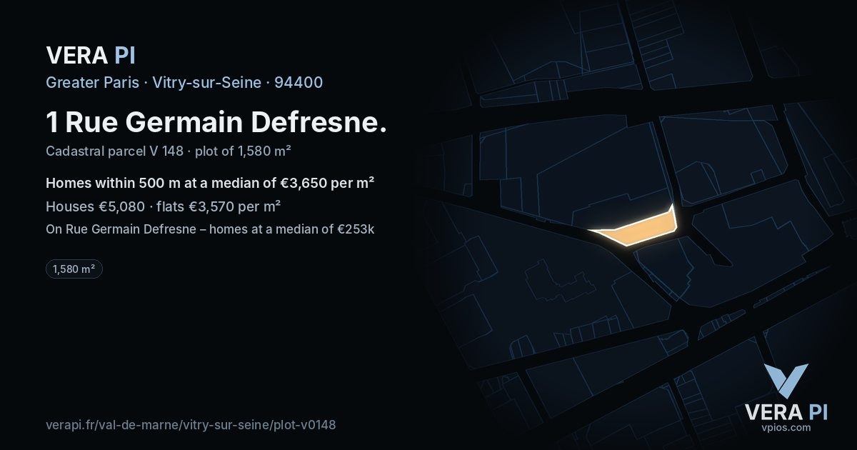 1 Rue Germain Defresne, Vitry-sur-Seine at night – the plot lit, the parcels around coloured by the prices near them