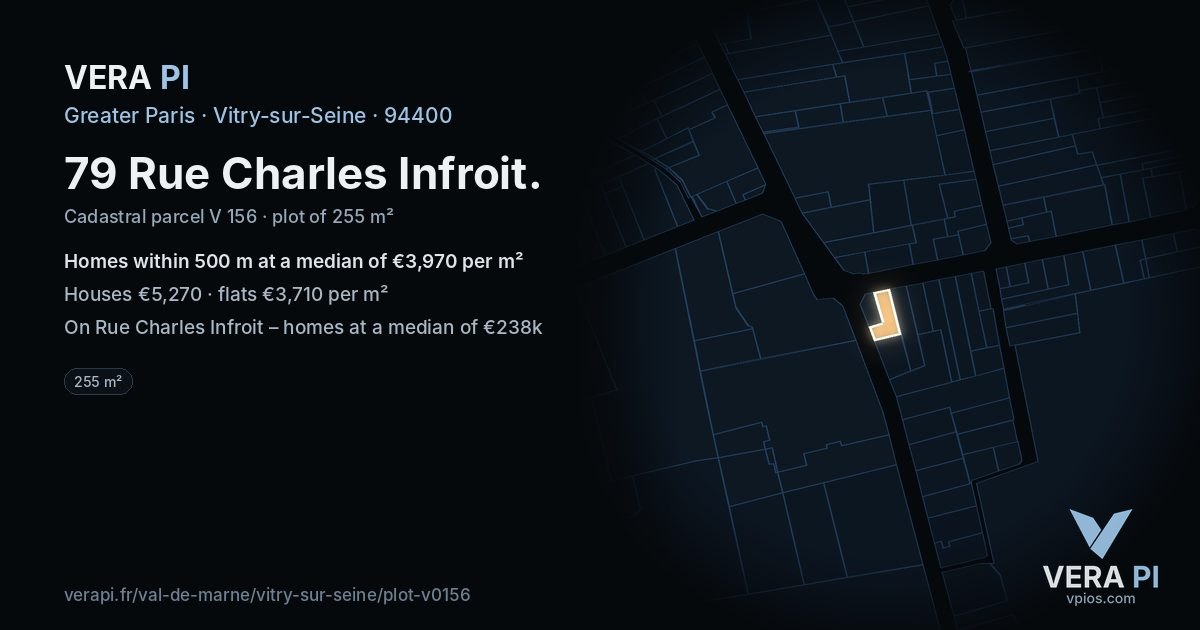 79 Rue Charles Infroit, Vitry-sur-Seine at night – the plot lit, the parcels around coloured by the prices near them