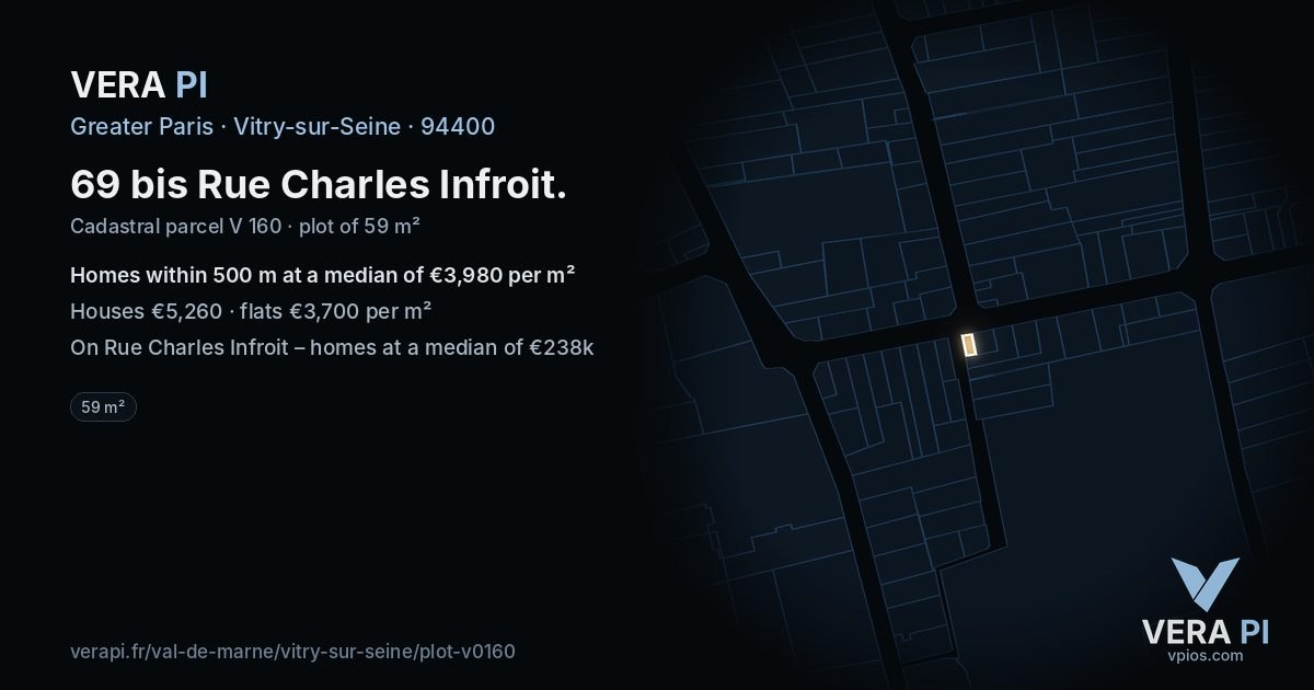 69 bis Rue Charles Infroit, Vitry-sur-Seine at night – the plot lit, the parcels around coloured by the prices near them