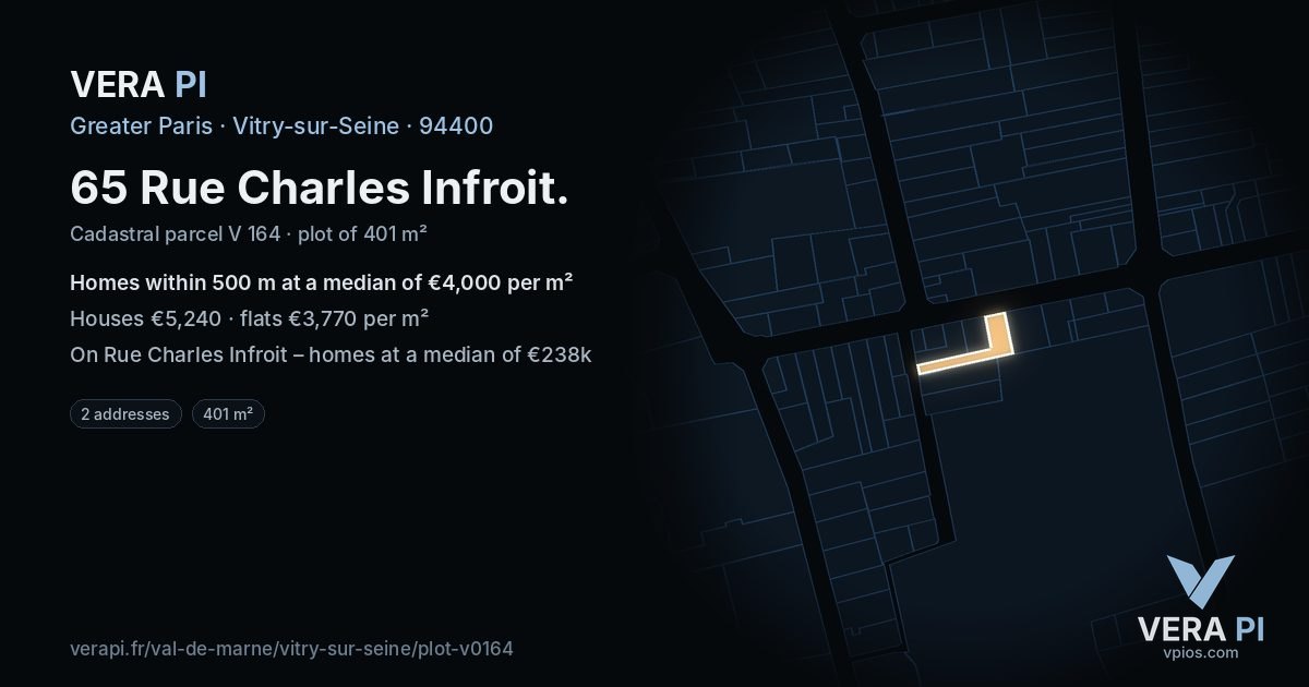65 Rue Charles Infroit, Vitry-sur-Seine at night – the plot lit, the parcels around coloured by the prices near them