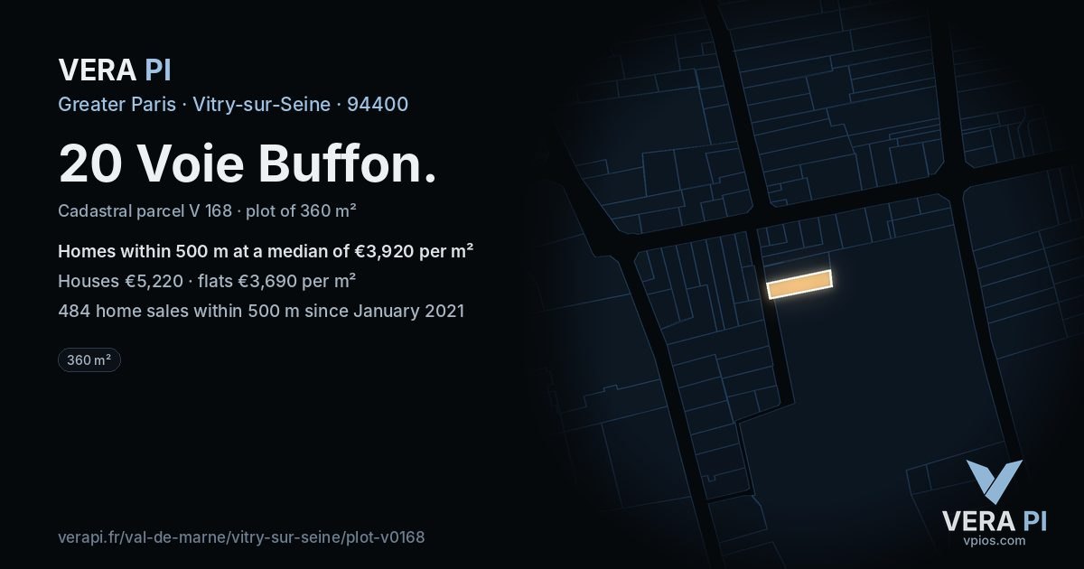 20 Voie Buffon, Vitry-sur-Seine at night – the plot lit, the parcels around coloured by the prices near them