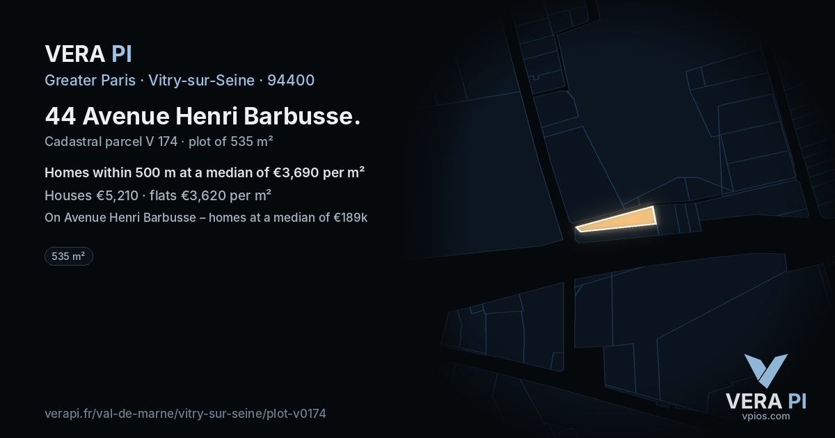 44 Avenue Henri Barbusse, Vitry-sur-Seine at night – the plot lit, the parcels around coloured by the prices near them